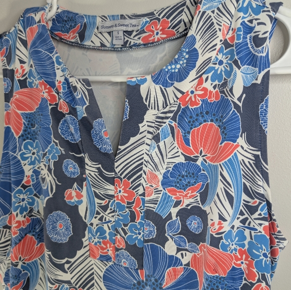 Sunset & Sweet Tea Floral Sleeveless Dress - Blue and Red Size Small - Picture 6 of 9